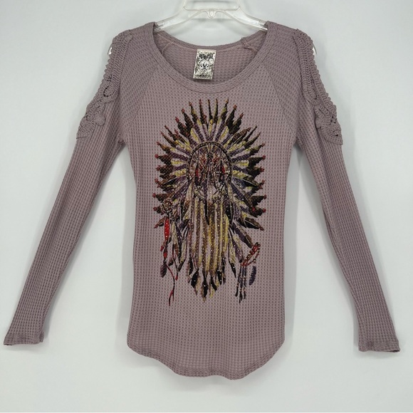 Vocal Womans Top Long Sleeve Dream Catcher Print Rhinestones Cold Shoulder NEW - Picture 4 of 13